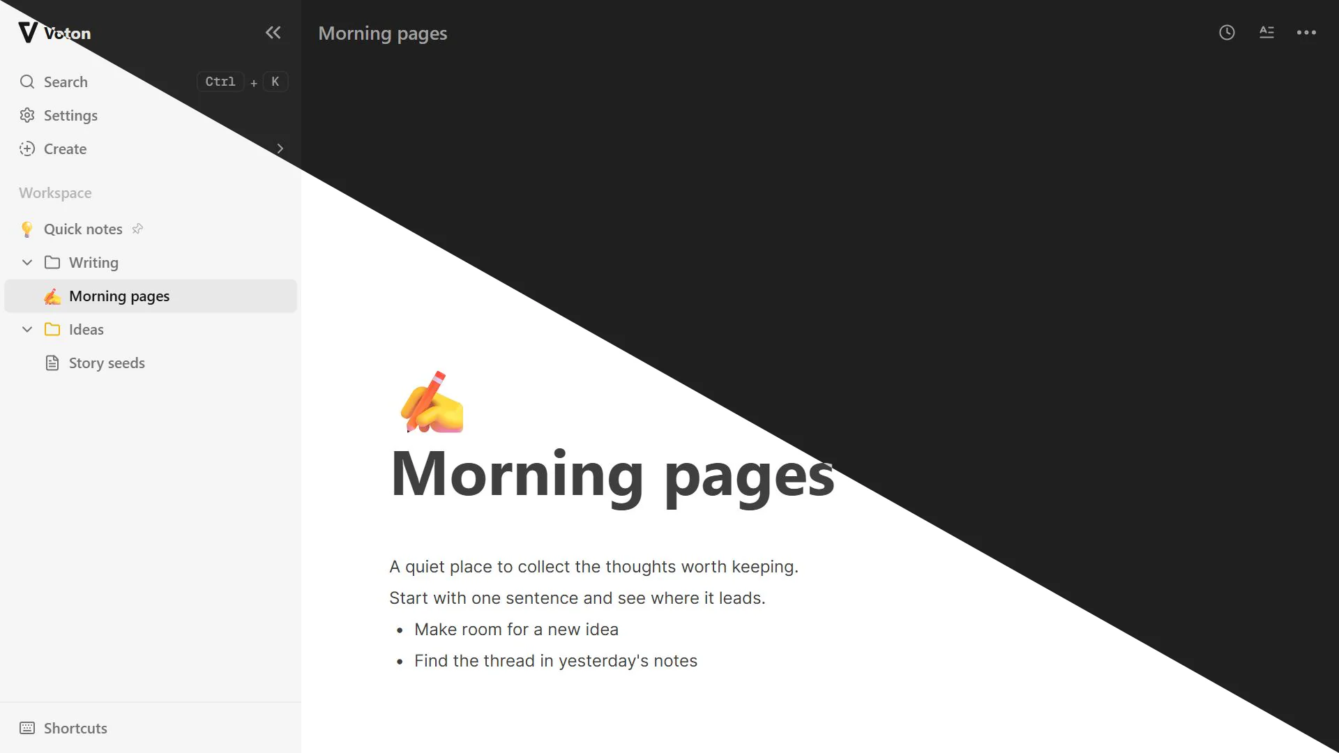 The Voton writing workspace, with light and dark themes joined diagonally